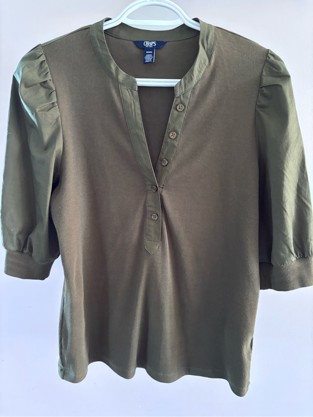 Chaps Olive Green Puff Sleeve Henley Top